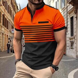 Vibrant Orange and Black Striped Polo Shirt